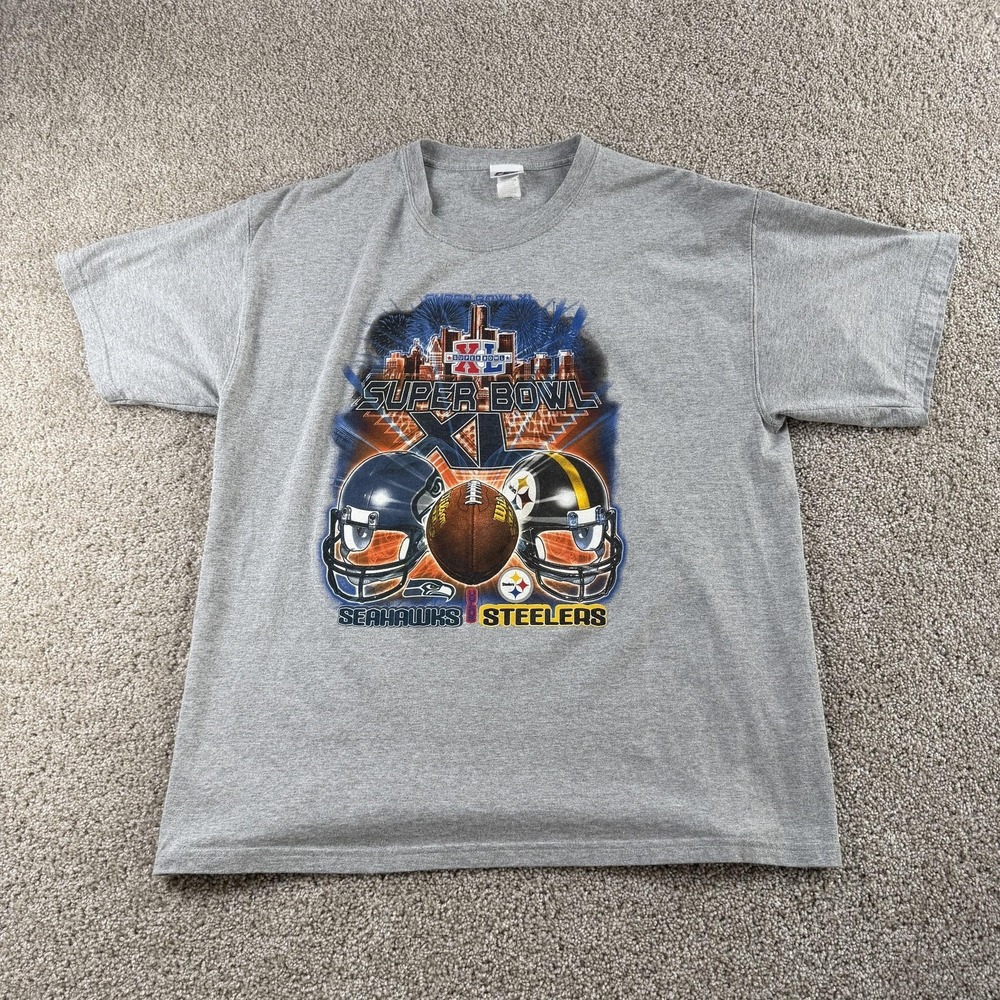 Vintage Pittsburgh Steelers Shirt Mens XL Gray NFL Super Bowl XL Seahawks CSA